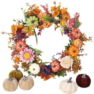 Sorvyzxn Dekokranz Herbst Kranz mit Kürbissen, Künstlicher Blumenkranz 46 cm, Halloween Türkranz für Haustür Wand Fenster, Thanksgiving