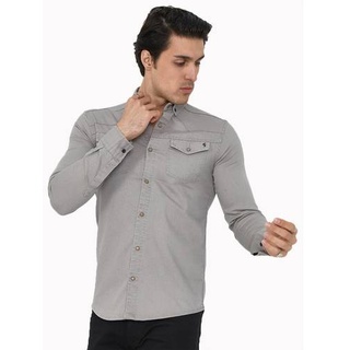Premium Herren Hemd Basic Freizeithemd dickes Hemd Unifarben Langarm Slim-Fit 100% Baumwolle XL Grau