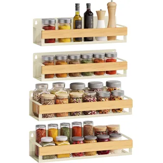 SONGMICS Gewürzregal Wand, 4er Set, Breit, Küchen Organizer Hängend, Bambus | Gewürzhalter, Ebene 5 kg Traglast, Rostfrei, Bad, Cremeweiß und Leichter Bambus, BYSTRO Kollektion KCS601W101