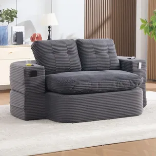 STILVORA Schlafsessel 2-in-1 mit Liegefunktion, Schlafsofa aus Cord mit verstellbaren Armlehnen, Bodensofa mit Getränkehaltern und tiefer Sitzfläche - Dunkelgrau