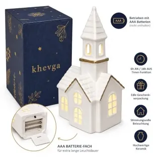 LED Keramik Kirche Weiß Matt 23 cm Lichthaus mit 6h-Timer & Batteriebetrieb