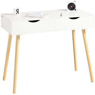 SoBuy Schreibtisch mit 2 Schubladen Kleiner Computertisch Kinderschreibtisch und Bürotisch mit Stauraum Möbel für Arbeitszimmer Weiß/Natur 90×77×45 cm FWT40-WN