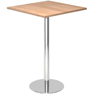 bümö Stehtisch Büro, Bistrotisch eckig 80 x 80 cm in Nussbaum, Gestell: Verchromt - Bartisch, Stehtisch Holz-Platte, Säule aus Metall, Buffettisch,