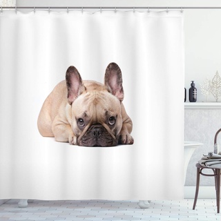 ABAKUHAUS Bulldogge Duschvorhang, Funny Pet Tierliebhaber, Stoffliches Gewebe Badezimmerdekorationsset mit Haken, 175 x 200 cm, Sand Braun Hellrosa