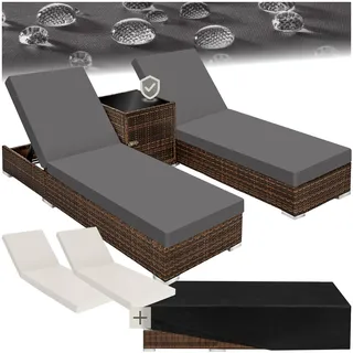 tectake® 2er Garten Lounge Sonnenliegen Set mit Tisch, Aluminium Gartenliege, Gartenlounge Outdoor, Relaxliege inkl. 2 Bezugsets und Schutzhülle, Outdoor Poly Rattan Gartenmöbel Set, 2er Set - braun