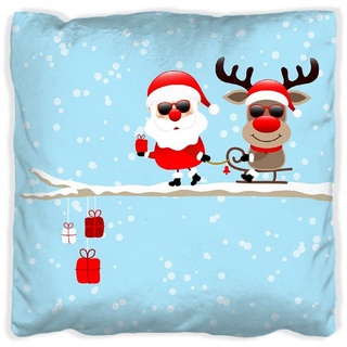 Wallario Dekokissen Cooler Weihnachtsmann mit Rentier auf einem Ast, handgenäht blau 60 cm x 60 cm