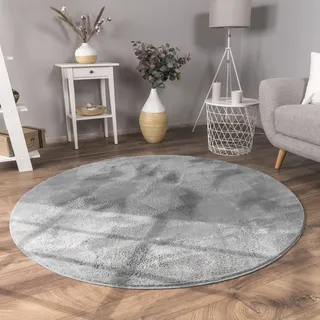 Paco Home Teppich Wohnzimmer Kunstfell Shaggy Hochflor Flauschig Soft grau Ø 120 cm Rund
