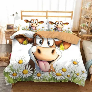 CEDNXOER Süße Kuh Bettwäsche 135x200cm Bettbezug,Mikrofaser 2teilig Bettbezüge Deckenbezug, Wildblumen Tiere Wendebettwäsche Bedding Und 1*Kissenbezug 80x80 cm mit Reißverschluss