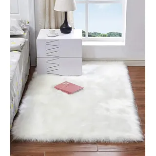 HARESLE Weiß Flauschig Teppich 40x60cm Kleiner Teppich für Kinderzimmer | 6cm langflor, Weich, Kunstfell, Rutschfest Kunstwildleder, Waschbarer, für Wohnzimmer Schlafzimmer