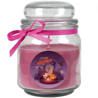 HS Candle Duftkerze (Dekokerze, 1-tlg), Halloween - Kerze im Bonbon Glas, Ideale Herbstdeko lila Ø 9 cm x 9 cm x 13 cm x 9 cm