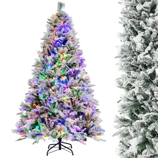 COSTWAY 180 cm Künstlicher Weihnachtsbaum mit Beleuchtung, Schnee und Zapfen, Tannenbaum mit 8 Lichtmodi, 850 PE PVC Zweigspitzen, Christbaum, Kunstbaum Weihnachten für Zuhause, Büro, weiß
