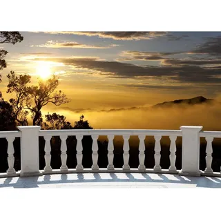 Runa Art Fototapete Terasse Sonnenuntergang Afrika 352 x 250 cm Vlies Tapeten XXL Moderne Wandtapete Wohnzimmer Schlafzimmer Braun Gelb 9028011b