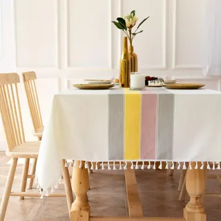 Lanqinglv Rechteckig Quasten Tischdecke Abwaschbar 140x180cm Weiss Bunt Streifen Baumwolle und Leinen Tischtuch Gartentischdecke Couchtisch Elegant und Vintage