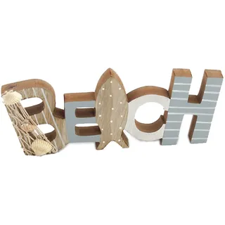 itsisa Holz Schriftzug Beach 24,5 cm mit Muscheln - Maritim Deko, Strand, Schild im Retro Look, Deko Ferienwohnung Meer