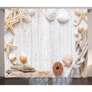 Gardine Schlafzimmer Kräuselband Vorhang mit Schlaufen und Haken, Abakuhaus, maritim Ozean-Muscheln Seesterne beige 280 cm x 175 cm
