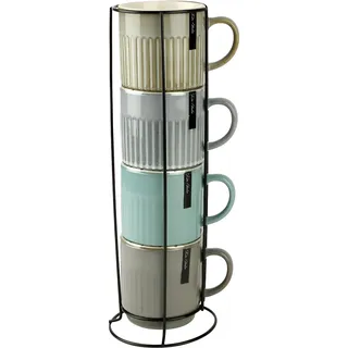 Festa Italia 4 x 440 ml Espressotassen Set aus Keramik mit Ständer - Stapelbar Espresso Tassen - Expresso Tassen Modern - Esspresotasen - Mokkatassen - Kaffeebecher für Espresso, Latte, Cappuccino