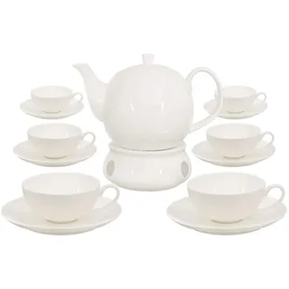 Buchensee Teeservice aus Fine Bone China Porzellan. Teekanne in fein-cremigem Weiß mit 1,5l Füllvolumen, 6 Teetassen, 6 Unterteller und Stövchen.
