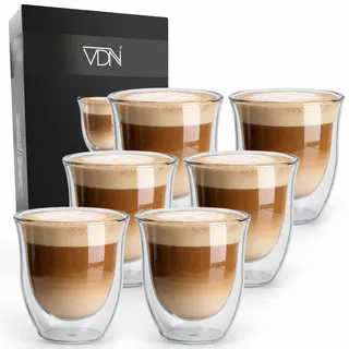 VDN Doppelwandige Kaffeegläser - Cappuccino Gläser [250ML] - Doppelwandige Gläser [Thermo, für Heiß und Kalt] - Ideal als Eiskaffee-, Teegläser oder als Trinkglas - 6er Set