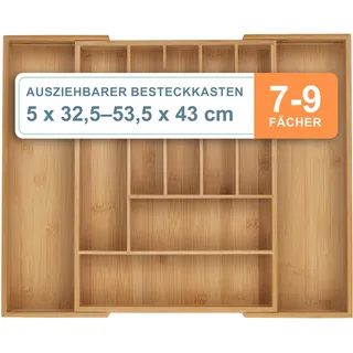 Relaxdays Besteckkasten Ausziehbar 7–9 Fächer 53,5 x 5 x 43 cm Braun