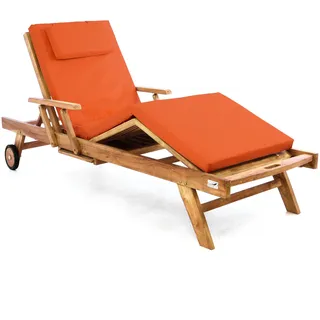 Divero Sonnenliege Holzliege Gartenliege Teak-Holz behandelt mehrfach verstellbar inkl. Räder Tablett + Liegen-Auflage 4-teilig wasserabweisend orange