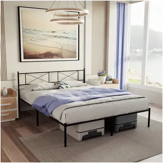 Dreamzie Bett 160x200 mit Lattenrost - Bettgestell 160x200 mit Füßen - Metallbett mit Kopfteil - 35 cm hoch - Einfache Monate und viel Stauraum