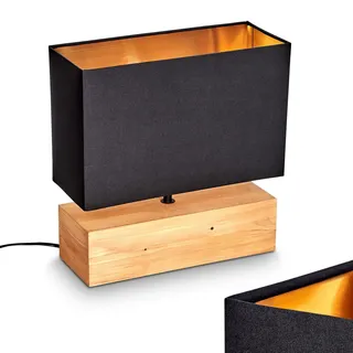 Tischleuchte Geneva, Nachttischlampe aus Holz/Stoff in Natur/Schwarz/Goldfarben, Tischlampe 1-flammig im skandinavischen Design, E27, Länge 30 cm, Leucht m. An-/Ausschalter am Kabel, ohne Leuchtmittel