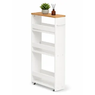 Amveya Standregal schmal mit Rollen 1 Stück Weiß 40 x 14 x 80 cm Regal | Schmales Standregal mit 3 Ebenen nutzt kleine Nischen optimal und schafft praktischen Stauraum für Bad Küche Haushalt