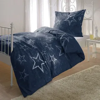 BettwarenShop Biber Bettwäsche Sterne blau 155x200 cm + 80x80 cm - blau