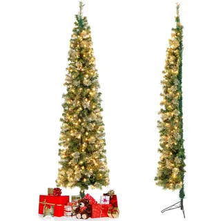 KOMFOTTEU Künstlicher Bleistiftbaum 210 cm mit 150 LED-Lichtern, Halber Weihnachtsbaum mit 403 Zweige & Metallständer, Christbaum Tannenbaum Weihnachtsdekoration für Haus Geschäfte Büro (403 Zweige)
