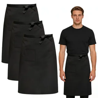 VUTYNKO Vorbinder Schürze mit Tasche, 3 Stück 68x70cm Kellnerschürze Verstellbare Lang Vorbinder, Kochschürze Halbe Arbeit Servierschürze Taillenschürze Schwarz für Küche Restaurant Bistro Florist Caf - 68x70cm