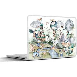 MuchoWow Laptop-Aufkleber Kinder - Heißluftballon - Drache - Jungen - Burg - Aquarell, (1tlg), Selbstklebendes Laptop Folien Cover, Sticker, Kratzschutz, 36x27 cm bunt Ø 45.65 cm x 36.5 cm x 27.5 cm