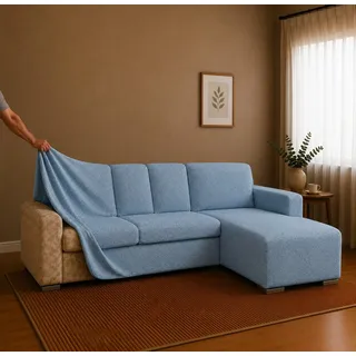 Belmarti Sofahusse 1-teiliger Sofabezug für L-Form mit Ottomane, hergestellt in Spanien, elastisches Material, hochwertiger und langlebiger Baumwollmix blau