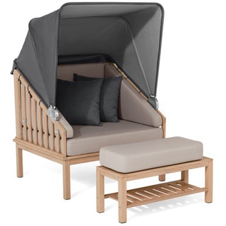 Premium-Lounge-Strandkorb mit Sonnenschutz-Dach und Fußteil - grau - Massivholz - grau