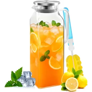 Litrue Glaskaraffe 2 Liter, Wasserkaraffe mit Deckel,Karaffe Glas für Kühlschranktür, Wasserkrug Quadratischer für Kaltes Heißes Wasser Eistee Wein Saft Tee Milch DIY Getränke (Mit Becherbürste)