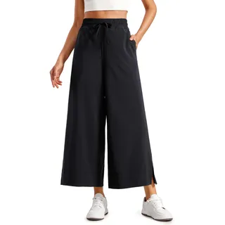 CRZ YOGA Leicht Weites Bein Capri Chinohose Hohe Taille Locker Hose Lässig Lounge Sommer Sporthose mit Taschen - 64cm Schwarz 36 - 36