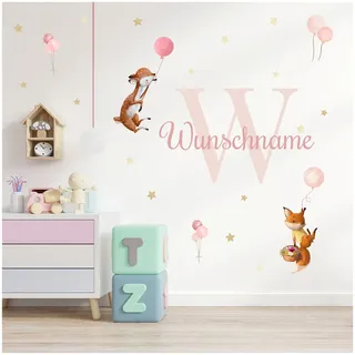 Wandsticker personalisiert Sticker Aquarell Tiere mit Name Wandtattoo für Kinderzimmer Babyzimmer Spielzimmer Mädchen Junge Y037 (Nr. 13 Waldtiere mit Ballons, Mit Wunschname)
