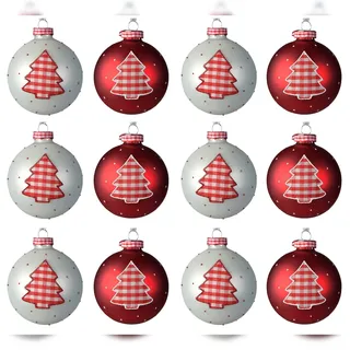 Christmas Decorations 12 Weihnachtskugeln 8cm Glas mit Tannenbaum Motiv Christbaumkugeln mix rot weiß