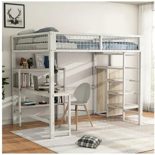 muvano Bett Hochbett 140x200 Eisenbett mit Schreibtisch Schrank Regalen Weiß weiß