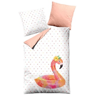 Bettwäsche Mako Satin Wende 155x220 cm 80x80 cm 2442_Fb20 Flamingo Punkte pink, Dormisette, Baumolle, 2 teilig, Bettbezug Kopfkissenbezug Set kuschelig weich hochwertig weiß