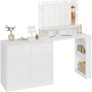 Woltu Schminktisch, Weiß, Holzwerkstoff, Glas, Nachbildung, 2 Fächer, 6 Schubladen, Rechteckig, 90x134.5x40 cm, Schlafzimmer, Schminktische
