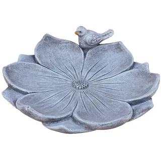 Stone and Style Vogeltränke Frostfeste Vogeltränke Blatt mit Vögelchen grau