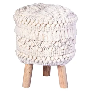 Padiro runder Sitzhocker Ø 38 x 50 cm - Naturfarben - Wollmischung und Holz - Boho-Stil mit Fransen und Quasten - Beige