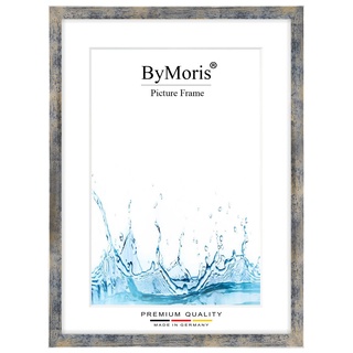 ByMoris Bilderrahmen nach Maß 25 x 55 cm in Blau Silber Gold mit Antireflex-Acrylglas, Poster Puzzle Portrait Foto Holz Rahmen