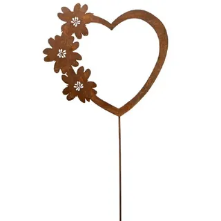Dragimex Gartenstecker Metall Stecker. HERZ mit Blumen. Rost Gartenstecker. 38 cm. braun