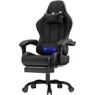 JUMMICO Gaming Stuhl, Bürostuhl Ergonomisch Mit Massagefunktion, Gamer Stuhl verstellbare Rückenlehne 90-135°,und fußstütze, Gamingstuhl 150 kg belastbarkeit, Schwarz