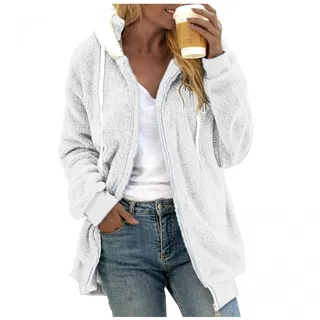 Damen Plüschjacke Winterjacke Teddy Warm Hoodie Pullover Mit Kapuze Leichte Casual Cardigan Kapuzenjacke mit Taschen Winterjacke Teddymantel Frauen Lang Neu Plüschjacke Plüsch Oberbekleidung