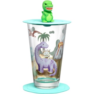 LEONARDO Bambini Avventura Kinderglas mit Deckel und Untersetzer - Trinkglas mit Motiv aus hochwertigem Glas - Größe L, Inhalt 300 ml - Spülmaschinengeeignet - 3-teiliges Set mit Motiv Dino, 023677