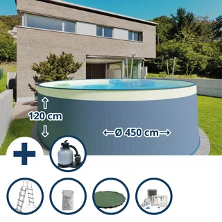 Stahlwandpool Set (6-teilig) Rund 450x120 Cm, Stahl 0,4 Mm Anthrazit, Folie 0,2 Mm Sand, Overlap