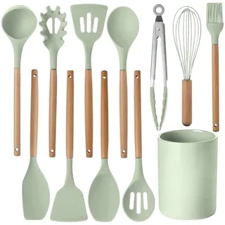 Silicone Kitchen Cooking Utensils Set,12 Stück Silikon Küchenhelfer Set,Kochutensilien Kochbesteck,Kochgeschirr mit Utensilienhalter,Pfannenwender,Löffel,Zange,Schneebesen,Backpinsel-Grün