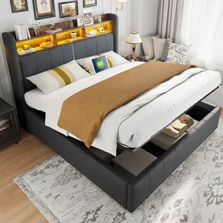 Flieks Polsterbett 160x200cm mit USB &Type-C, Boxspringbett Stauraumbett mit LED & Stauraumkopfteil, Doppelbett Jugendbett, Leinen, Grau - Grau